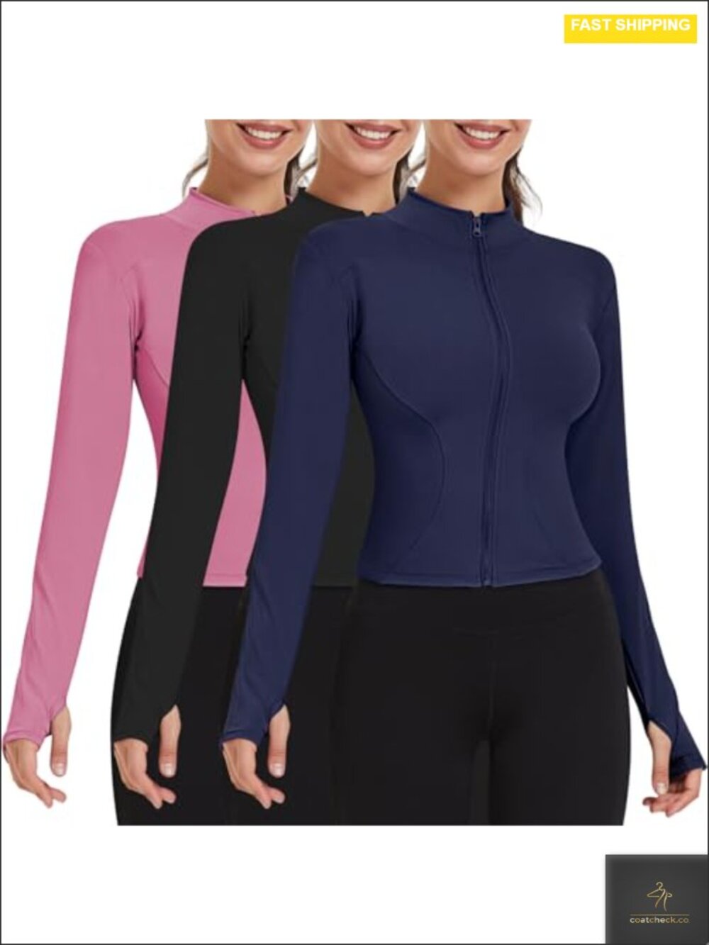 3 Pack Women's Cropped Zip Up Athletic Track Jacket Long Sleeve Thumb Hole